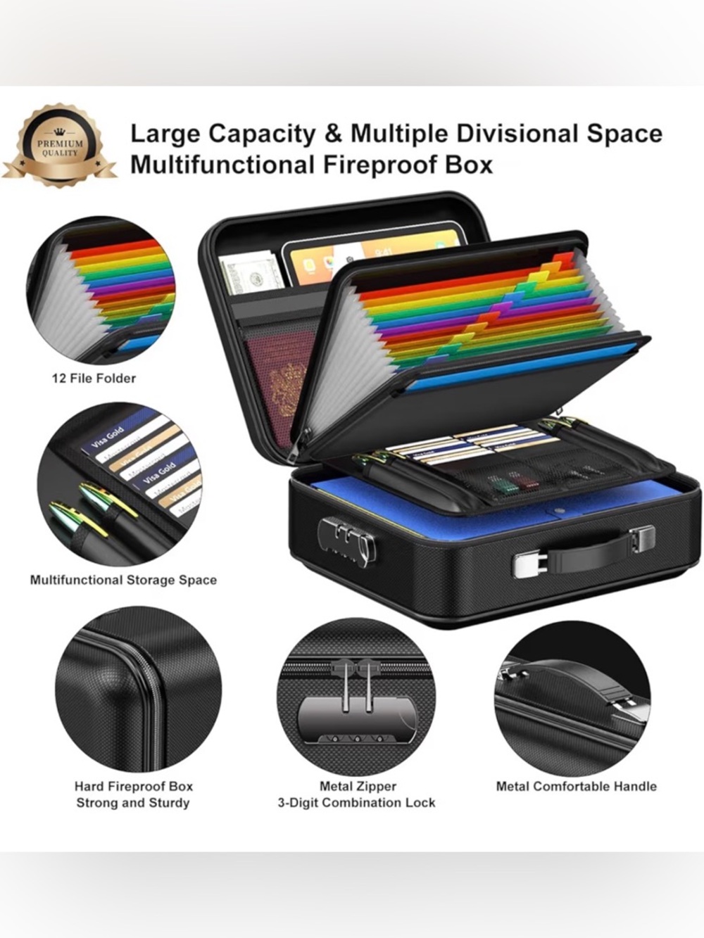 COLOCASE Black Hard Box Fireproof Document Organizer - Picture 4 of 8